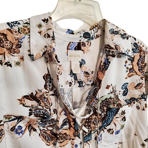 Chico’s Silky Soft Botanical Boho Festival Lace-Up Tunic Size 1 Modal Blend - Picture 5 of 16